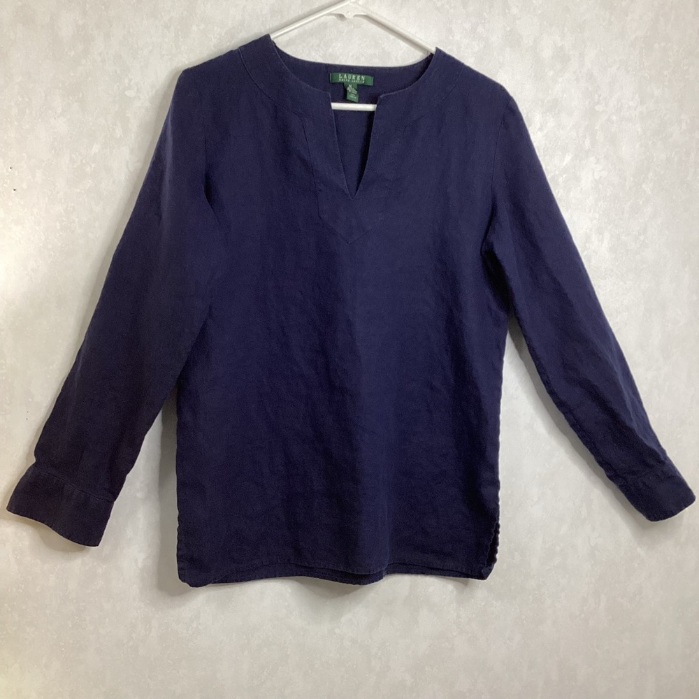 Lauren Ralph Lauren 100% Linen Womens Navy Tunic Top